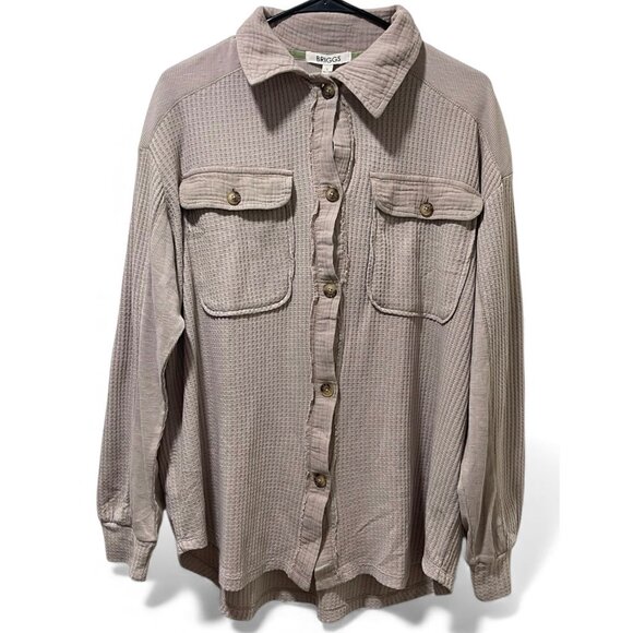 Briggs NWT Women's Relaxed Fit Button Long Sleeve Waffle Shirt Tan - Picture 4 of 13